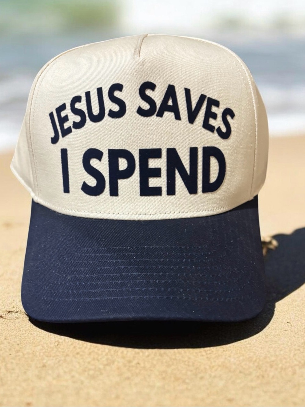 Beige & Navy 'JESUS SAVES I SPEND' Trucker Hat